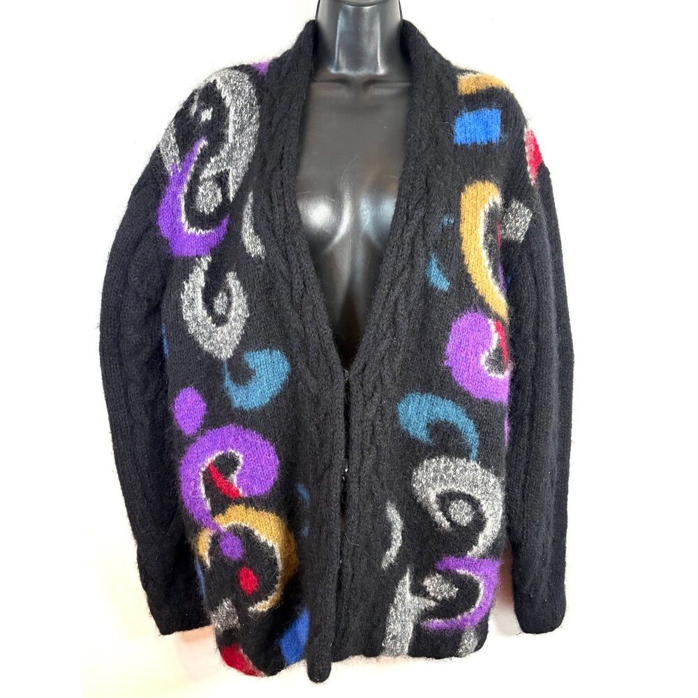 Vintage 80’s Montre Xerano Cardigan Sweater Black Wool Mohair Cable Knit Size M